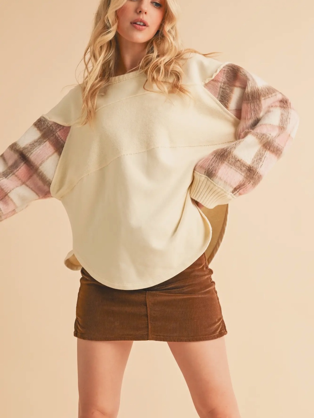 Cream Crewneck Sweater with Pink Plaid Balloon Sleeves